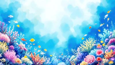 The primary subject of the image is a vibrant and colorful underwater scene featuring a variety of fish and coral. The setting is a blue ocean with a cloudy sky in the background. The visual style is a combination of digital art and illustration, creating a lively and dynamic atmosphere. The colors and mood are predominantly blue and green, with a touch of orange, giving the scene a sense of depth and tranquility.