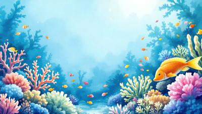 Primary subject: A colorful underwater scene with fish and coral.

Setting/background: The background features a blue sky, and the foreground is a lush, colorful coral reef.

Visual style: The image is a digital art or illustration, showcasing a vibrant and lively underwater world.

Colors and mood: The colors are predominantly blue, green, and orange, creating a lively and cheerful atmosphere.