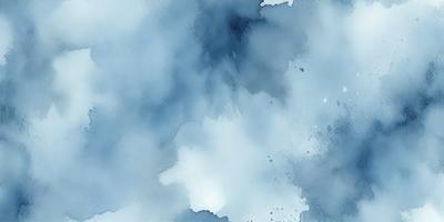 The primary subject of the image is a cloudy blue sky. The setting is a cloudy sky with a blue hue, and the visual style is a watercolor painting. The colors and mood of the image are predominantly blue and cloudy, creating a serene and moody atmosphere.