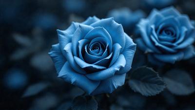 The primary subject of the image is a blue rose. The setting is a dark, blue background, which creates a dramatic and moody atmosphere. The visual style is a close-up of the blue rose, emphasizing its vibrant color. The overall mood of the image is serene and captivating.