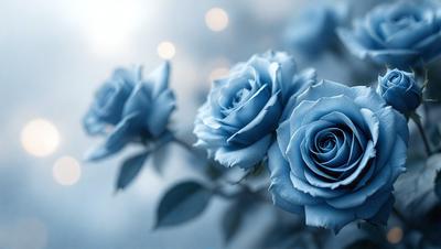 The primary subject of the image is a bouquet of blue roses. The setting is a blue background, which creates a visually striking contrast with the blue roses. The visual style is a close-up of the flowers, emphasizing their beauty and details. The colors and mood of the image are predominantly blue, giving it a serene and calming atmosphere.
