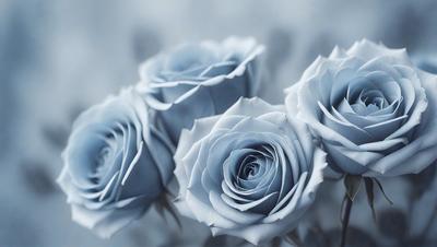 The primary subject of the image is a bouquet of blue roses. The setting is a blue background, which creates a striking contrast with the blue roses. The visual style is a close-up of the roses, showcasing their details and beauty. The colors and mood of the image are predominantly blue, giving it a calm and serene atmosphere.