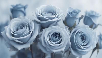 The primary subject of the image is a bouquet of blue roses. The setting is a snowy background, which adds a sense of tranquility and beauty to the scene. The visual style is a digital art, as the roses are depicted in a realistic and detailed manner. The dominant colors are blue and white, creating a serene and calming atmosphere.