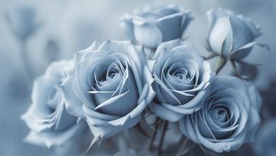 The primary subject of the image is a bouquet of blue roses. The setting is a white background, which provides a clean and minimalist appearance. The visual style is a close-up of the flowers, showcasing their details and beauty. The colors and mood of the image are predominantly blue, creating a serene and calming atmosphere.