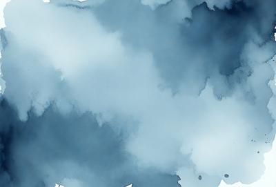 The primary subject of the image is a cloudy sky. The setting is a blue background, which creates a contrast with the cloudy sky. The visual style is a watercolor painting, giving the image a unique and artistic appearance. The dominant colors are blue and white, with the clouds adding a sense of depth and movement to the scene. The overall atmosphere is serene and calming, as the viewer is drawn into the vastness of the sky.