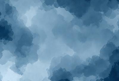The primary subject of the image is a cloudy blue sky. The setting is a cloudy day with a blue sky, and the visual style is a watercolor painting. The colors and mood of the image are predominantly blue and cloudy, creating a serene and moody atmosphere.
