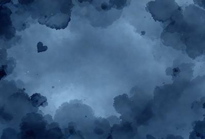 The primary subject of the image is a blue sky with clouds. The setting is a cloudy sky, and the visual style is a painting or drawing. The colors and mood are predominantly blue and calm, creating a serene atmosphere.