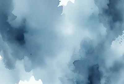 The primary subject of the image is a cloudy blue sky. The setting is a cloudy sky, and the visual style is a watercolor painting. The dominant colors are blue and white, creating a calm and serene atmosphere.