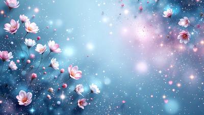 The primary subject of the image is a bouquet of pink flowers. The flowers are scattered throughout the scene, with some located in the foreground and others in the background. The setting is a blue sky, which serves as a beautiful backdrop for the flowers. The visual style of the image is a combination of photo and digital art, creating a vibrant and lively atmosphere. The dominant colors in the image are pink and blue, which contribute to a serene and calming mood.