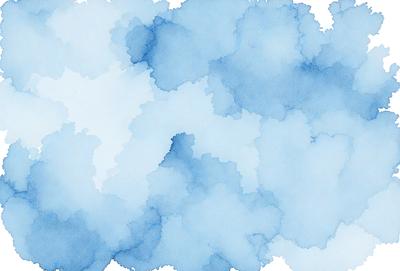 The primary subject of the image is a blue cloudy sky. The setting is a cloudy blue sky with a few white clouds. The visual style is a watercolor painting, giving the scene a vibrant and artistic appearance. The dominant colors are blue and white, creating a serene and calming atmosphere.