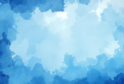 The primary subject of the image is a blue cloudy sky. The setting is a cloudy day, and the visual style is a watercolor painting. The colors and mood of the image are predominantly blue, creating a calm and serene atmosphere.