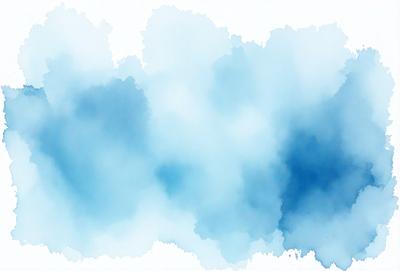 The primary subject of the image is a blue cloudy sky. The setting is a cloudy blue sky with a few white clouds. The visual style is a watercolor painting, giving the image a vibrant and artistic appearance. The dominant colors are blue and white, creating a serene and calming atmosphere.
