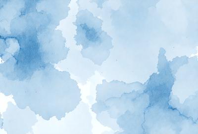 The primary subject of the image is a cloudy blue sky with white clouds. The setting is a blue background, and the visual style is a watercolor painting. The colors and mood of the image are predominantly blue and cloudy, creating a serene and calming atmosphere.