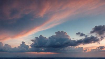 The primary subject of the image is a cloudy sky with a pink hue, creating a serene and dramatic atmosphere. The setting is a vast expanse of the sky, with no visible land or buildings. The visual style is a natural, outdoor scene, with no indication of digital art or illustration. The colors and mood are predominantly pink and purple, giving the scene a warm and calming feel.