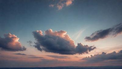 The primary subject of the image is a cloudy sky with a large cloud in the middle of it. The setting is a sunset, creating a warm and serene atmosphere. The visual style is a painting, which adds a sense of artistic expression to the scene. The dominant colors are shades of pink, orange, and blue, which are often associated with sunsets and cloudy skies.