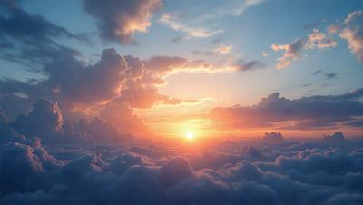 The primary subject of the image is a beautiful sunset, with the sun peeking through the clouds. The setting is a cloudy sky, and the visual style is a photo. The colors and mood of the image are warm and serene, with the sun's rays illuminating the clouds and creating a stunning backdrop.