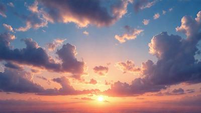 The primary subject of the image is the sunset, with the sun setting behind a cloudy sky. The setting is a cloudy sky, and the visual style is a photo. The colors and mood of the image are dominated by warm hues, creating a serene and peaceful atmosphere.