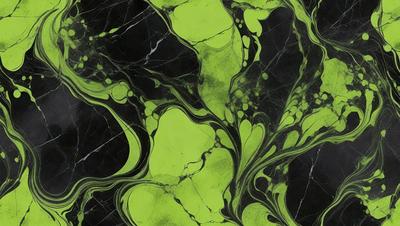 The primary subject of the image is a green and black marbled pattern. The setting is a black and green marbled surface, which serves as the background. The visual style is a combination of digital art and illustration, creating a unique and intricate design. The dominant colors are green and black, giving the image a bold and striking appearance.