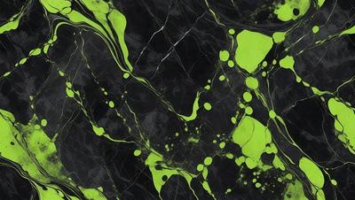 The primary subject of the image is a close-up of a black and green marble surface. The setting is a dark room, and the visual style appears to be a combination of a photo and digital art. The dominant colors are black and green, creating a moody and dramatic atmosphere.