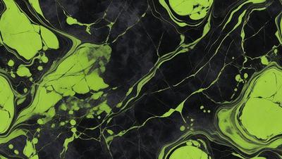 The primary subject of the image is a close-up of a green and black patterned surface, which appears to be a marbled or textured material. The setting is a dark room, and the visual style is a combination of a photo and digital art. The dominant colors are green and black, creating a moody and intriguing atmosphere.