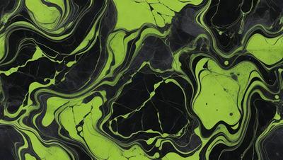 The primary subject of the image is a close-up of a green and black marbled pattern. The setting is a black and green marbled surface, which serves as the background. The visual style is a combination of a photo and digital art, creating a unique and intricate design. The colors and mood of the image are predominantly green and black, giving it a bold and striking appearance.