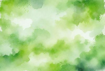 The primary subject of the image is a green, watercolor-style painting of a leafy plant. The setting is a cloudy sky, and the visual style is a combination of watercolor and digital art. The dominant colors are green and blue, creating a serene and natural atmosphere.