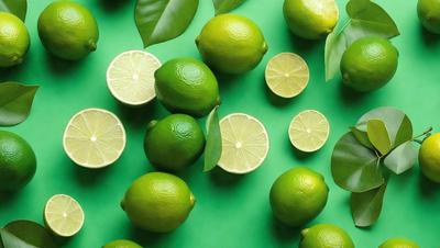 The primary subject of the image is a group of green limes. They are arranged on a green background, which creates a vibrant and fresh atmosphere. The limes are displayed in various positions, with some placed closer to the foreground and others further back. The visual style of the image is a close-up of the limes, emphasizing their color and texture. The overall mood of the image is lively and refreshing, as the limes are a symbol of health and well-being.