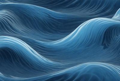 The primary subject of the image is a blue ocean wave. The setting is the ocean, with the wave being the main focus of the image. The visual style is a digital art or illustration, as the wave is depicted in a detailed and artistic manner. The dominant colors are blue and white, creating a serene and calming atmosphere.