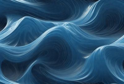 The primary subject of the image is a blue ocean with waves. The setting is the ocean, and the visual style is a digital art or illustration. The dominant colors are blue and white, creating a calm and serene atmosphere.