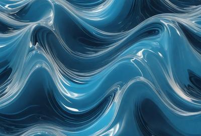 The primary subject of the image is a blue wave, which is the main focus of the scene. The setting is a blue ocean, and the visual style is a digital art or illustration. The dominant colors in the image are blue and white, creating a calm and serene atmosphere.
