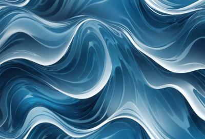 The primary subject of the image is a blue and white ocean wave. The setting is the ocean, with the wave being the main focus of the image. The visual style is a digital art or illustration, as the wave is depicted in a detailed and artistic manner. The dominant colors are blue and white, creating a serene and calming atmosphere.
