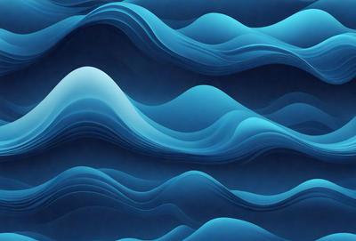 The primary subject of the image is a blue ocean with waves. The setting is a blue background, and the visual style is a digital art or illustration. The dominant colors are blue and white, creating a calm and serene atmosphere.