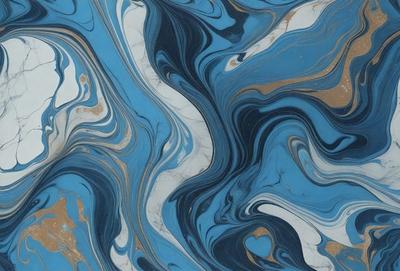 The primary subject of the image is a blue and white marble tile with a swirling pattern. The setting is a bathroom, and the visual style is a photo. The dominant colors are blue and white, creating a calm and soothing atmosphere.