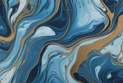 The primary subject of the image is a blue and gold swirling pattern, which appears to be a painting or a digital artwork. The setting is a blue and gold background, which complements the swirling pattern. The visual style is a mix of digital art and painting, creating a unique and eye-catching design. The colors and mood of the image are predominantly blue and gold, giving it a warm and inviting atmosphere.