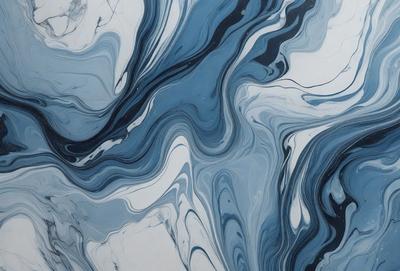 The primary subject of the image is a blue and white swirling pattern, which appears to be a painting or a digital artwork. The setting is a white background, which provides a clean and minimalist appearance. The visual style is a combination of painting and digital art, creating a unique and intricate design. The dominant colors are blue and white, which evoke a sense of calmness and tranquility.