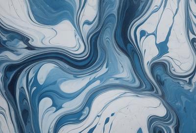 The primary subject of the image is a blue and white swirling pattern, which appears to be a painting or a digital artwork. The setting is a white surface, possibly a wall or a canvas, where the swirling pattern is displayed. The visual style suggests that the image is a creative and artistic representation of a swirling design. The dominant colors in the image are blue and white, creating a sense of depth and movement in the artwork.