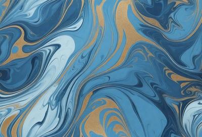 The primary subject of the image is a blue and gold swirling pattern, which appears to be a painting or a digital artwork. The setting is a blue background, and the visual style is a mix of photo and digital art. The dominant colors are blue and gold, creating a vibrant and lively atmosphere.