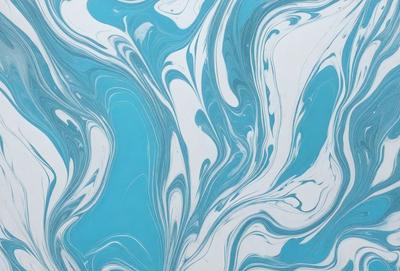 The primary subject of the image is a blue and white swirling pattern, which appears to be a painting or drawing. The setting is a white wall, and the visual style is a combination of artistic expression and digital art. The dominant colors are blue and white, creating a calming and soothing atmosphere.