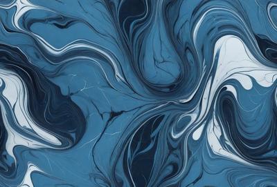 The primary subject of the image is a blue and white swirling pattern, which appears to be a painting or a digital artwork. The setting is a blue background, and the visual style is a combination of photo and digital art. The colors and mood of the image are predominantly blue and white, creating a sense of calmness and tranquility.