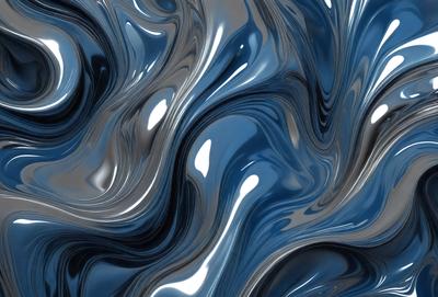 The primary subject of the image is a blue, swirling, and shiny surface, which appears to be a blue-tinted glass or a blue-colored water. The setting is a dark background, which contrasts with the blue surface. The visual style is a combination of a photo and digital art, creating a unique and captivating image. The colors and mood of the image are predominantly blue, giving it a calm and serene atmosphere.