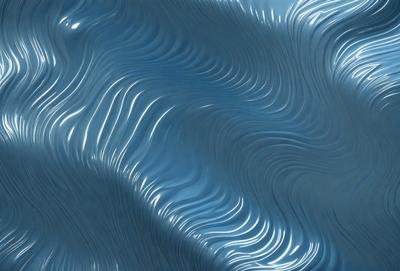 The primary subject of the image is a blue, wavy surface that appears to be a piece of art or a design. The setting is a blue background, and the visual style is a combination of a photo and digital art. The colors and mood of the image are predominantly blue, creating a calm and serene atmosphere.