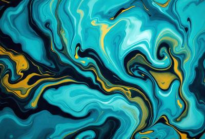 The primary subject of the image is a blue and yellow swirling pattern, which appears to be a digital art or illustration. The setting is a blue background, and the visual style suggests that it is a digital artwork or a painting. The dominant colors in the image are blue and yellow, creating a vibrant and lively atmosphere.