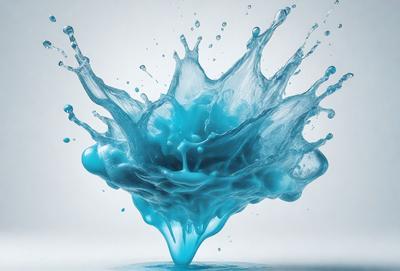 The primary subject of the image is a blue splash of water, which appears to be a digital art or illustration. The setting is a white background, and the visual style gives the impression of a painting or a graphic design. The dominant colors in the image are blue and white, creating a calm and serene atmosphere.