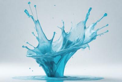The primary subject of the image is a blue liquid, possibly water or milk, that is splashing and creating a wave-like effect. The setting is a white background, which provides a clean and minimalistic appearance. The visual style is a combination of photo and digital art, as the blue liquid appears to be digitally manipulated to create the splashing effect. The dominant colors are blue and white, giving the image a calm and soothing atmosphere.