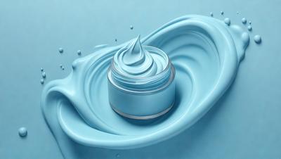The primary subject of the image is a blue liquid, possibly a cream or a sauce, with a silver lid. The setting is a blue background, which adds to the overall visual style. The colors and mood of the image are predominantly blue, creating a calm and soothing atmosphere.
