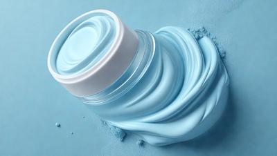 The primary subject of the image is a tube of blue lip balm. The lip balm is placed on a blue surface, which adds a vibrant and contrasting color to the scene. The visual style of the image is a close-up of the lip balm, emphasizing its texture and color. The dominant colors in the image are blue and white, creating a calm and soothing atmosphere.