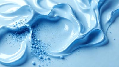 The primary subject of the image is a close-up of a blue liquid, possibly a sauce or a frosting, with bubbles in it. The setting is a white surface, which provides a clean and contrasting background. The visual style appears to be a close-up photo, showcasing the details of the blue liquid. The colors and mood of the image are predominantly blue, creating a calm and soothing atmosphere.
