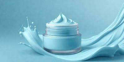 The primary subject of the image is a jar of blue cream, which is placed on a blue surface. The jar is filled with a blue substance, possibly a cream or a sauce. The setting appears to be a kitchen or a similar environment, as the jar is placed on a counter. The visual style of the image is a close-up of the jar, emphasizing its color and texture. The dominant colors in the image are blue, which is present in the jar and the surface, creating a calm and soothing atmosphere