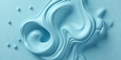 The primary subject of the image is a blue, swirling, and flowing substance, which appears to be a creamy or frothy material. The setting is a blue background, which complements the blue substance. The visual style is a digital art or illustration, as the substance is depicted in a fluid and dynamic manner. The colors and mood of the image are predominantly blue, creating a sense of calmness and tranquility.