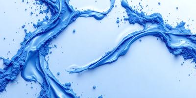 The primary subject of the image is a blue liquid, possibly a paint or a dye, that is flowing and spreading across a white surface. The setting appears to be a studio or a workspace, as the blue liquid is being applied to a canvas or a paper. The visual style of the image is a combination of digital art and illustration, as the blue liquid is depicted in a fluid and dynamic manner. The colors and mood of the image are predominantly blue, creating a sense of calmness and tranqu